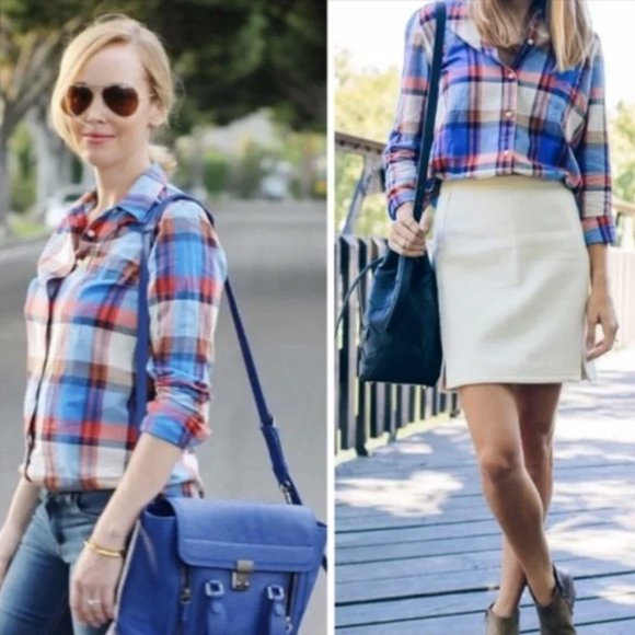 J. Crew Women's Red/Blue Pacey Plaid Classic-fit Boy button up Shirt Sz 0 - Picture 5 of 11